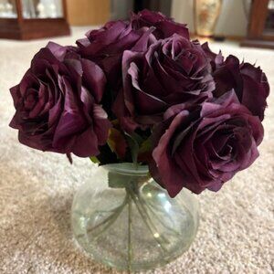 Faux Purple Roses Arrangement in Acrylic Water Vase Nearly Natural. 12x5"